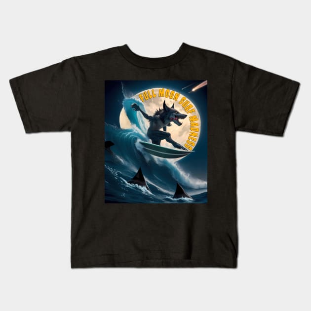 Full Moon Surf Madness, Alpha Werewolf Surfing Kids T-Shirt by Kye Chambers 